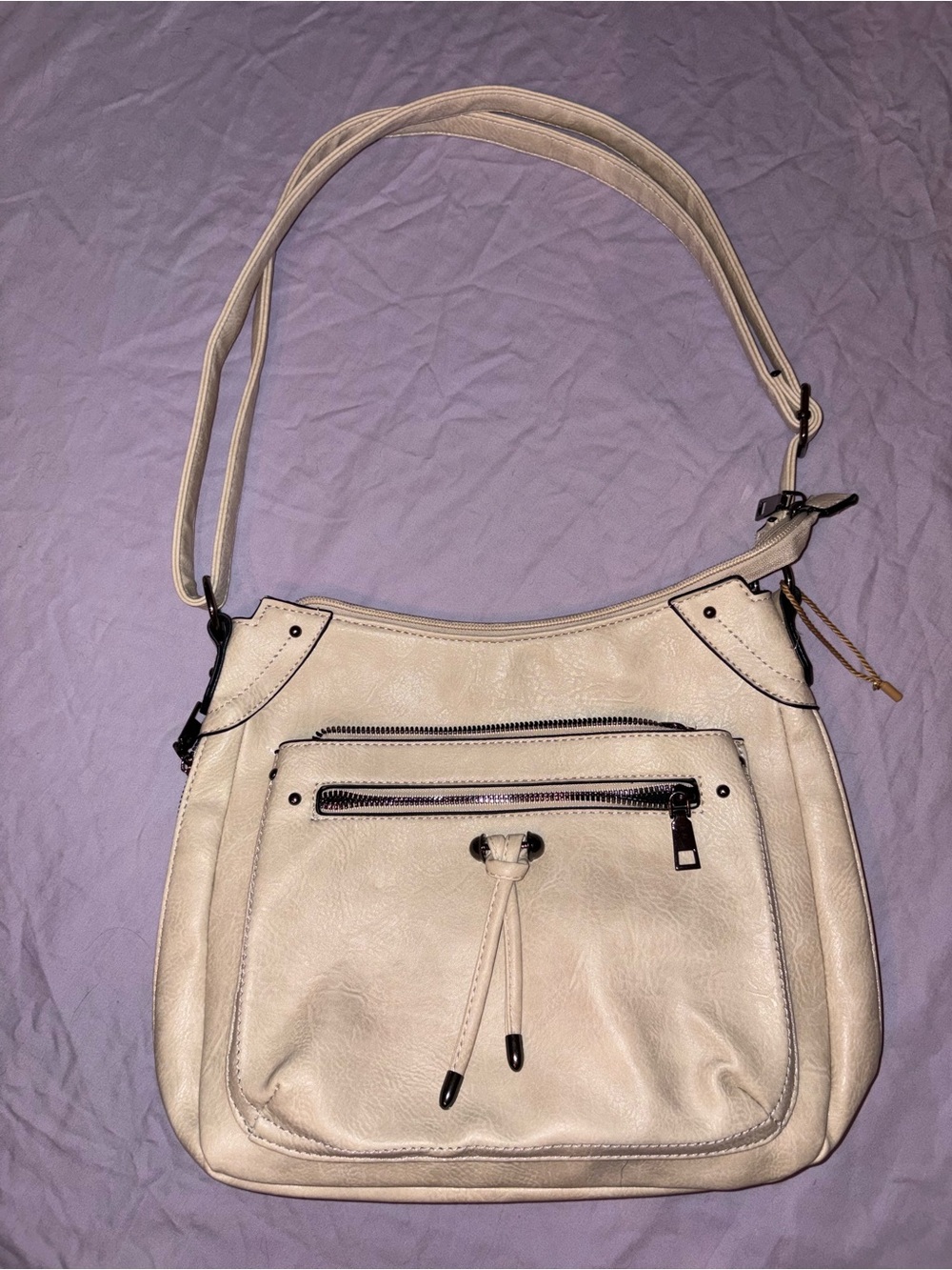 Sam & Hadley Cream Pebbled Faux Leather Expandable Hobo Shoulder/cross body Bag